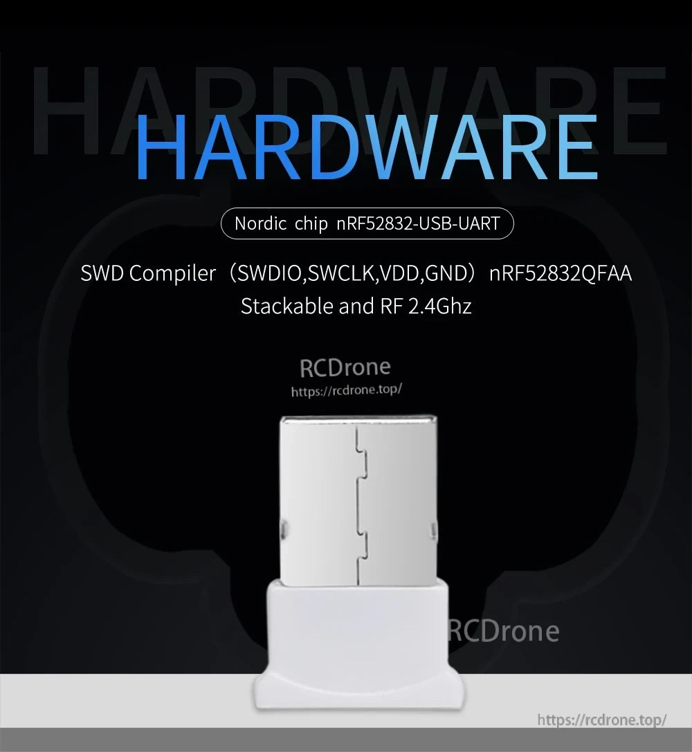 Hardware specification graphic with USB dongle and text referencing Nordic nRF52832 components