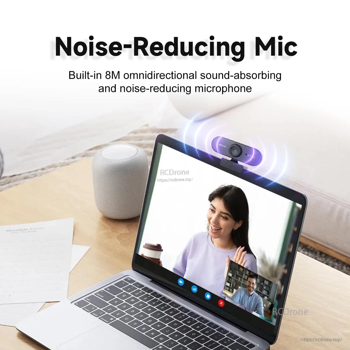 Laptop video call scene showing built-in noise-reducing microphone pickup illustration above the webcam