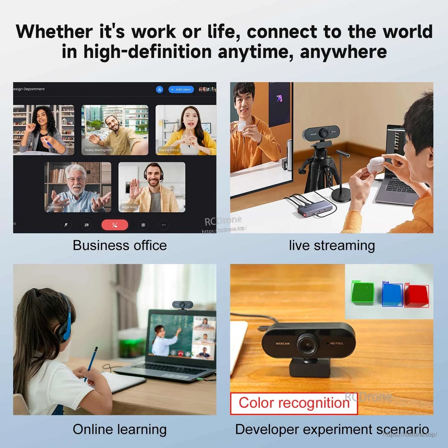 USB Microphone Camera use cases collage: video calls, live streaming, online learning, developer testing
