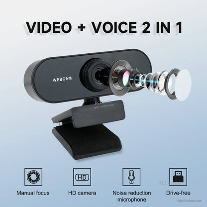 Video + voice 2-in-1 graphic with lens exploded view and icons for manual focus, noise-reduction mic, drive-free