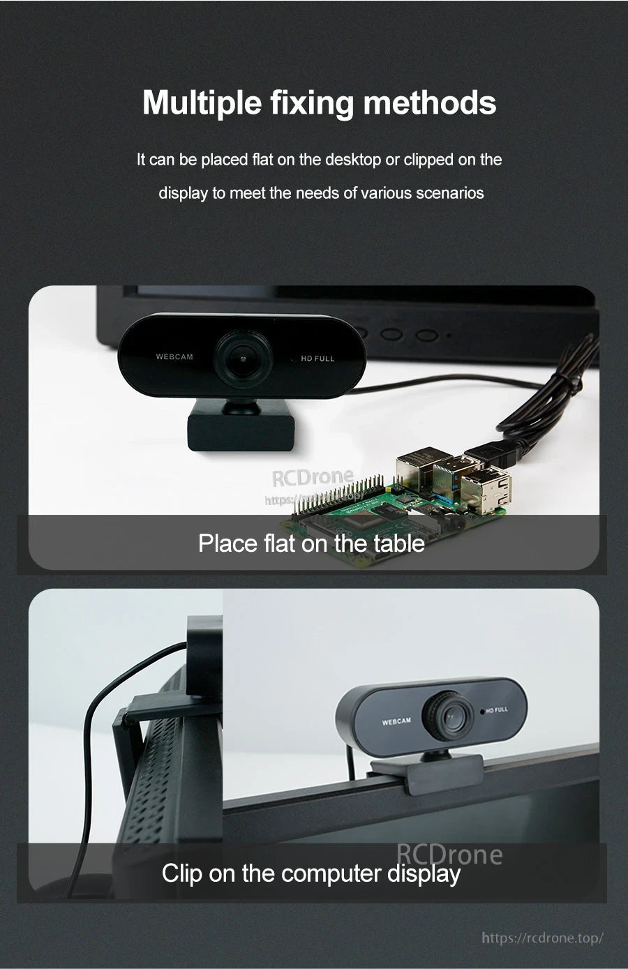 Two mounting options: webcam sitting flat on a desk and clipped to a computer monitor display