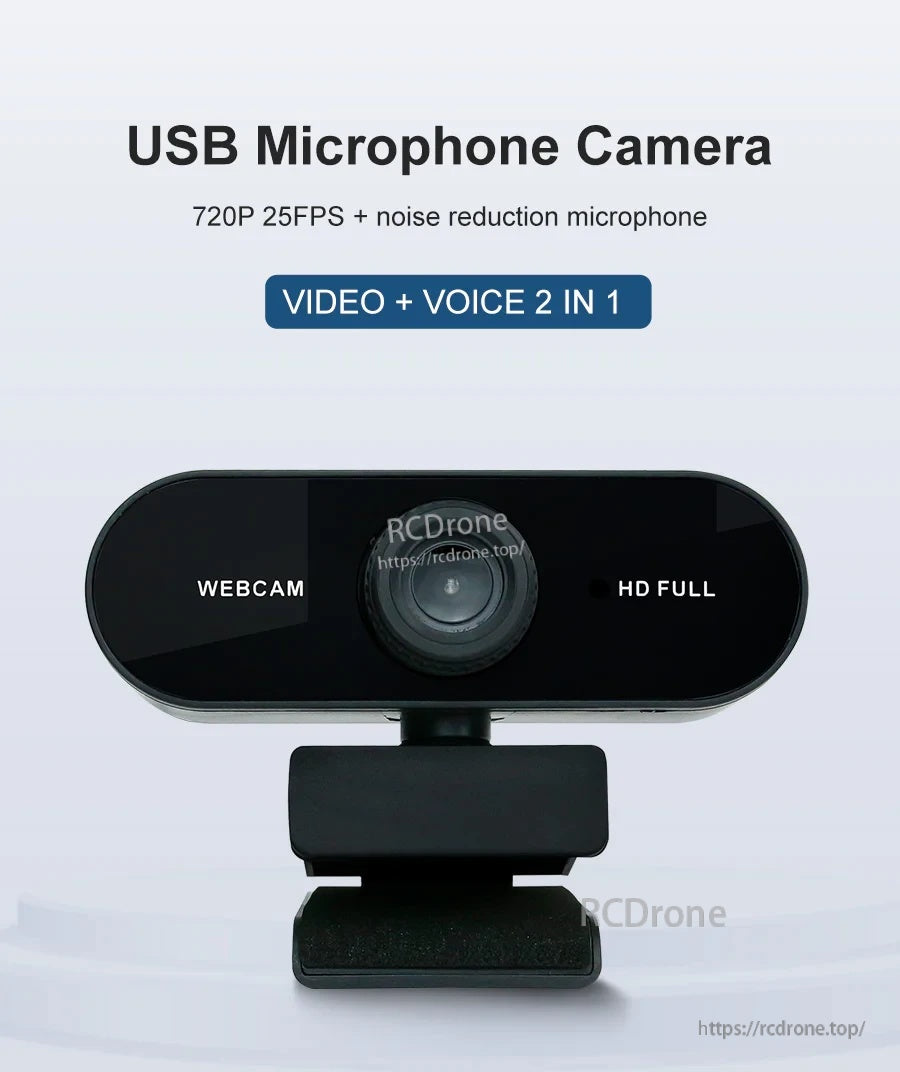 USB Microphone Camera webcam module with built-in noise-reduction mic and adjustable clip stand (front view)