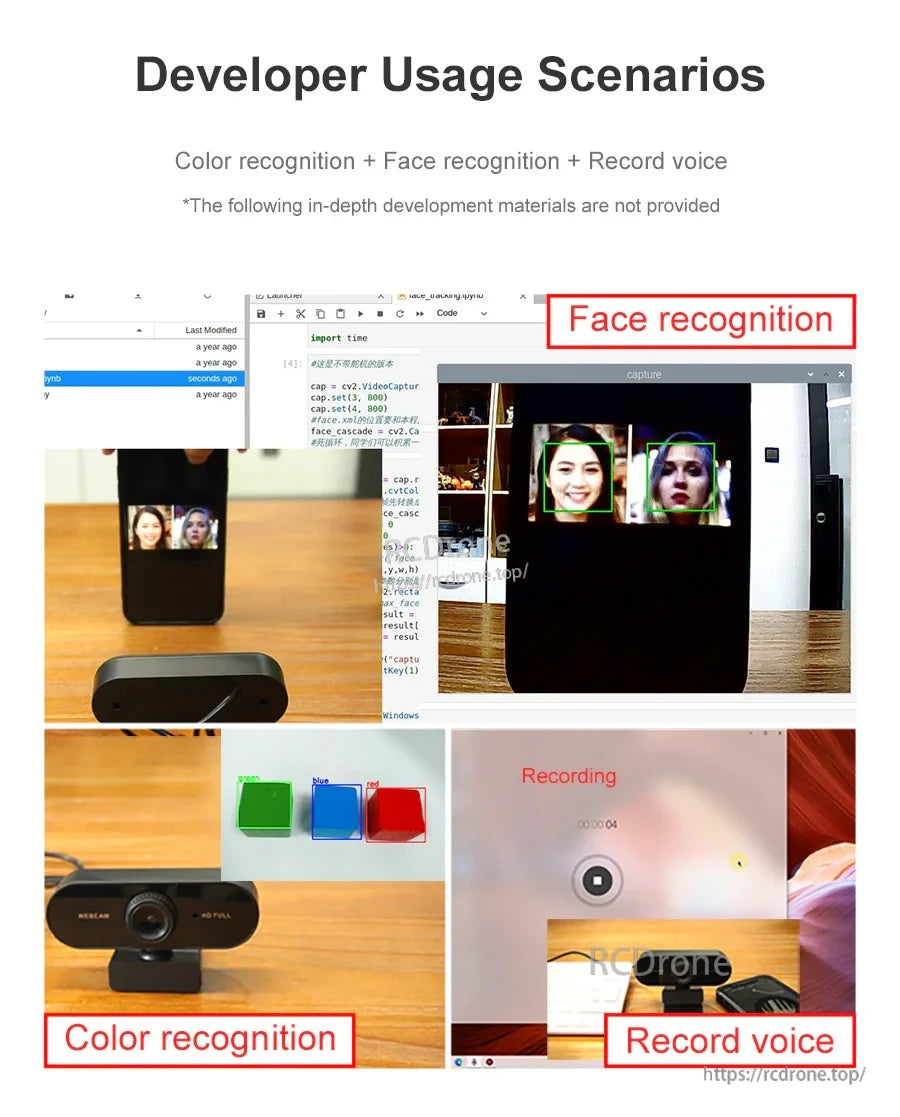 Developer usage scenarios collage: face recognition, color recognition, and audio recording demos using the webcam