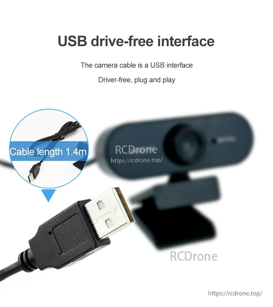USB-A plug close-up with driver-free plug-and-play note and 1.4 m cable length callout