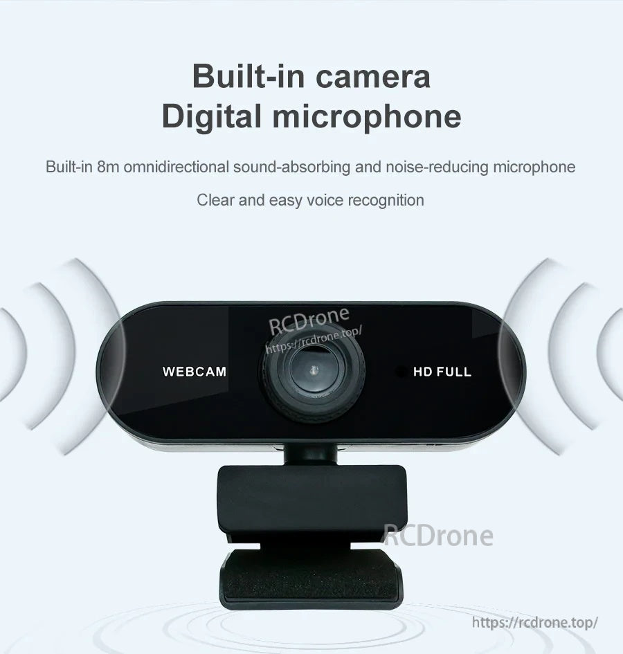 Webcam with built-in digital microphone; sound-wave graphic highlighting omnidirectional pickup and noise reduction