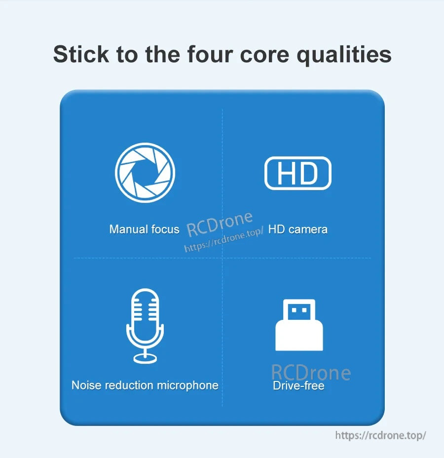 Four key features icons: manual focus lens, HD camera, noise-reduction microphone, and driver-free USB connection
