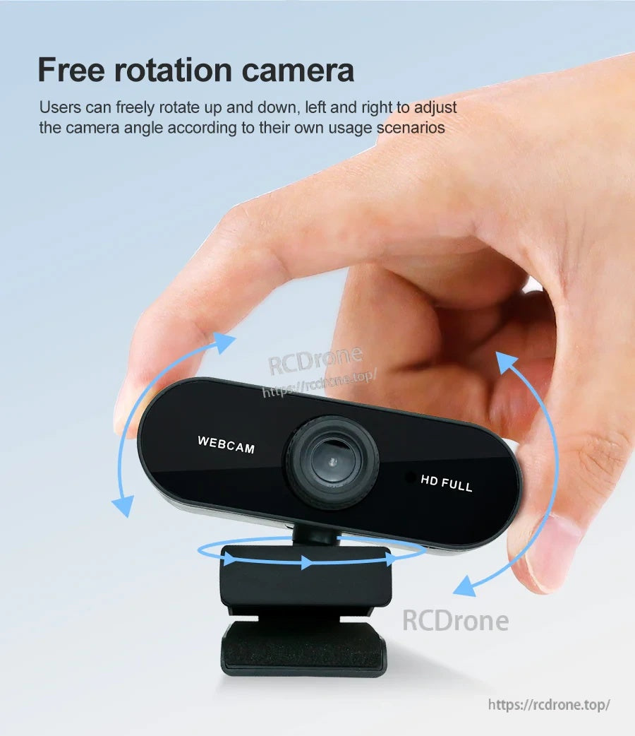 Hand adjusting the rotating webcam; arrows indicate multi-direction tilt and swivel for flexible positioning