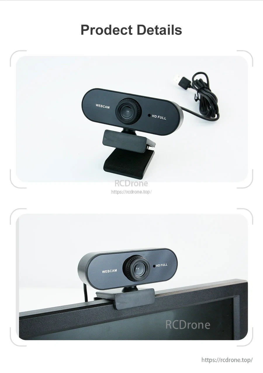 USB Microphone Camera product details: webcam with USB cable and clip mount, plus monitor-mounted view