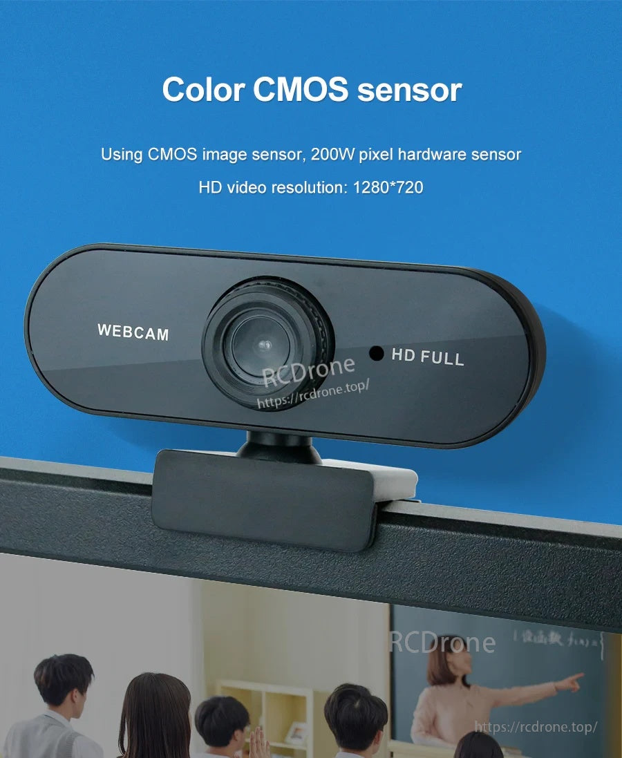 USB Microphone Camera mounted on a monitor; close-up of lens and front housing with color CMOS sensor callout