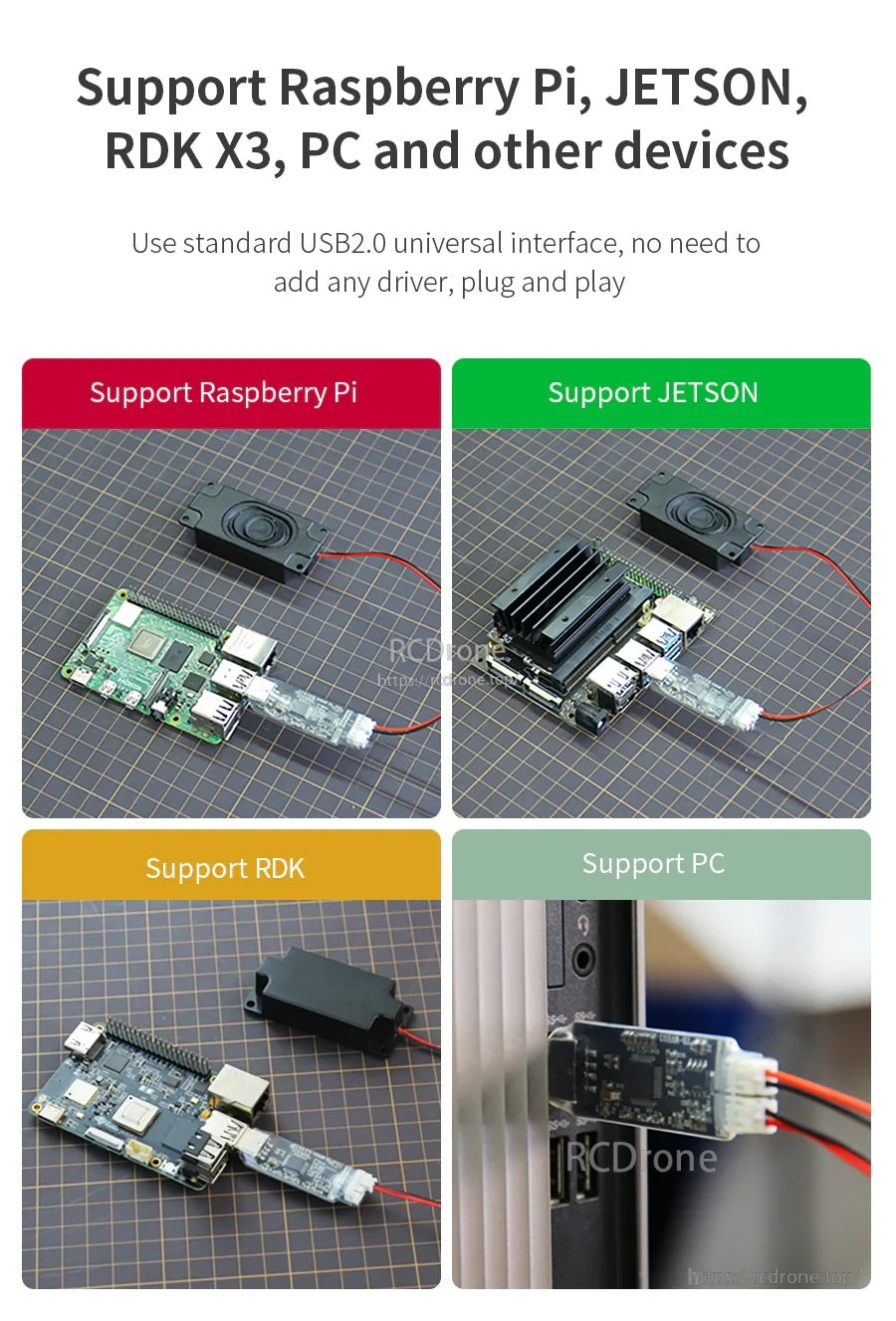 Examples of the USB sound card + speaker used with Raspberry Pi, Jetson, RDK X3, and a desktop PC
