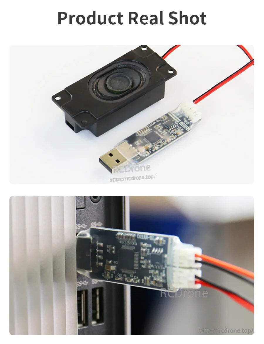 Real product photos of the USB sound card dongle and speaker, plus the dongle plugged into a PC USB port