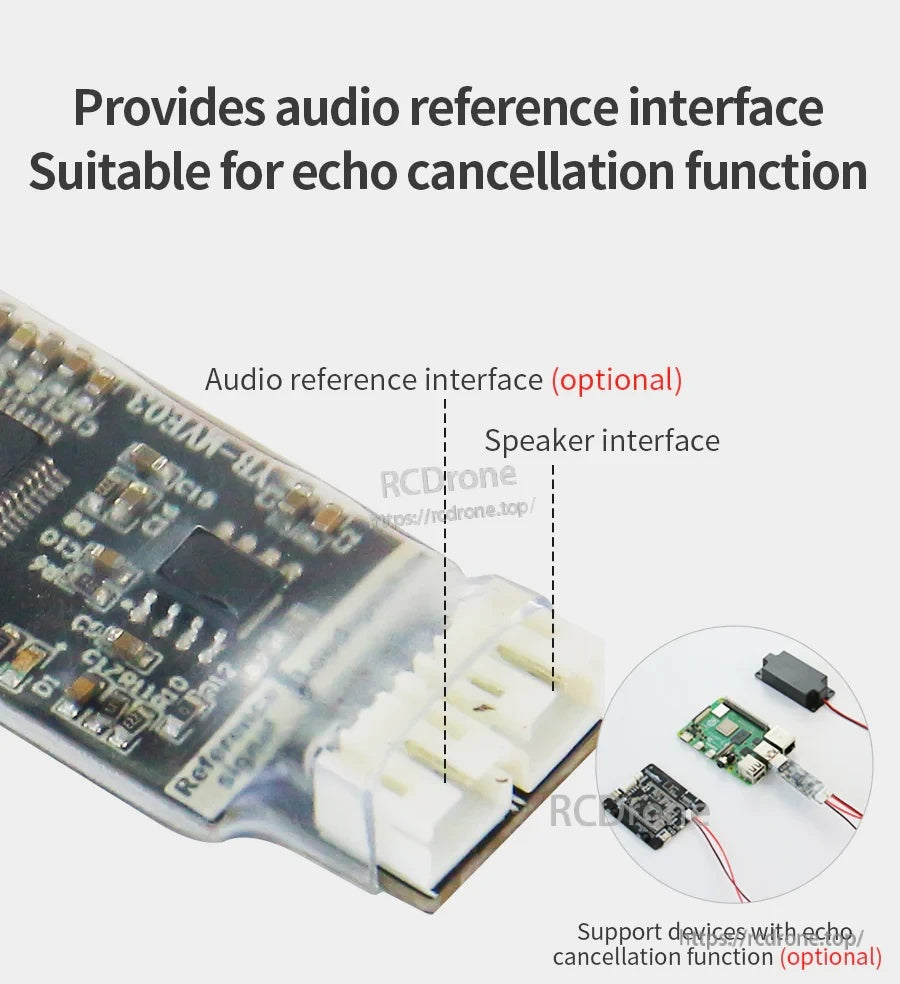 Close-up of speaker connector and optional audio reference interface for echo cancellation devices