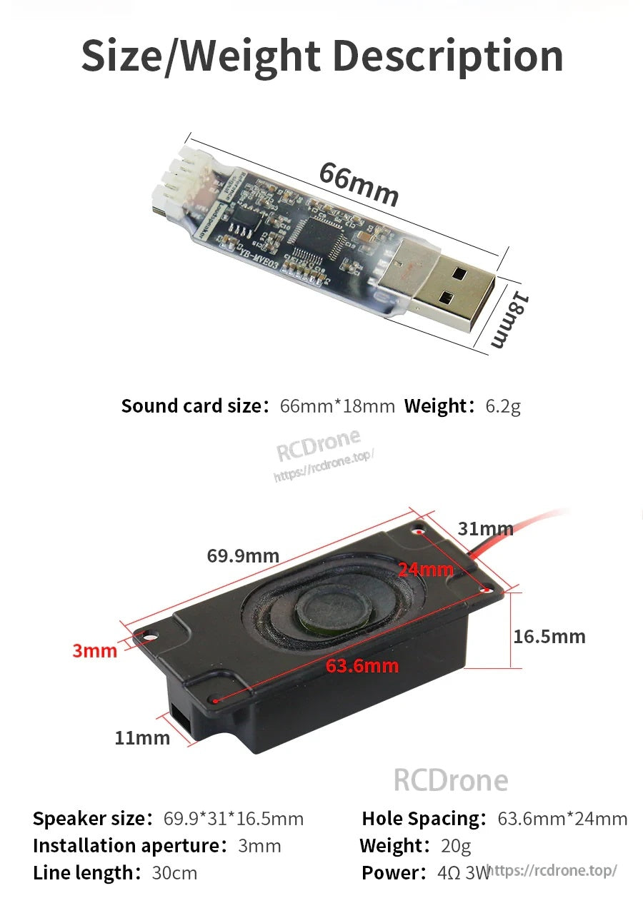 Dimension and weight diagram: 66×18 mm sound card and 69.9×31×16.5 mm speaker with 30 cm lead