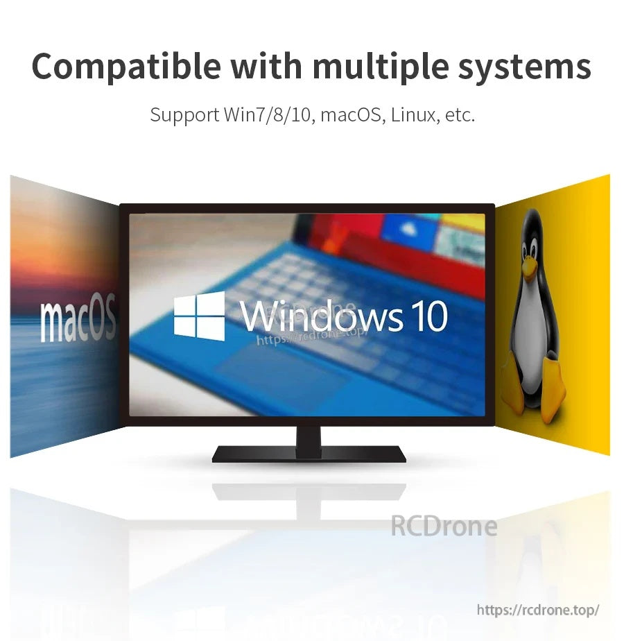 Operating system compatibility graphic for Windows 7/8/10, macOS, and Linux