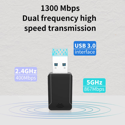 USB 3.0 WiFi 5 network adapter speed graphic showing dual-band 2.4GHz and 5GHz up to 1300 Mbps