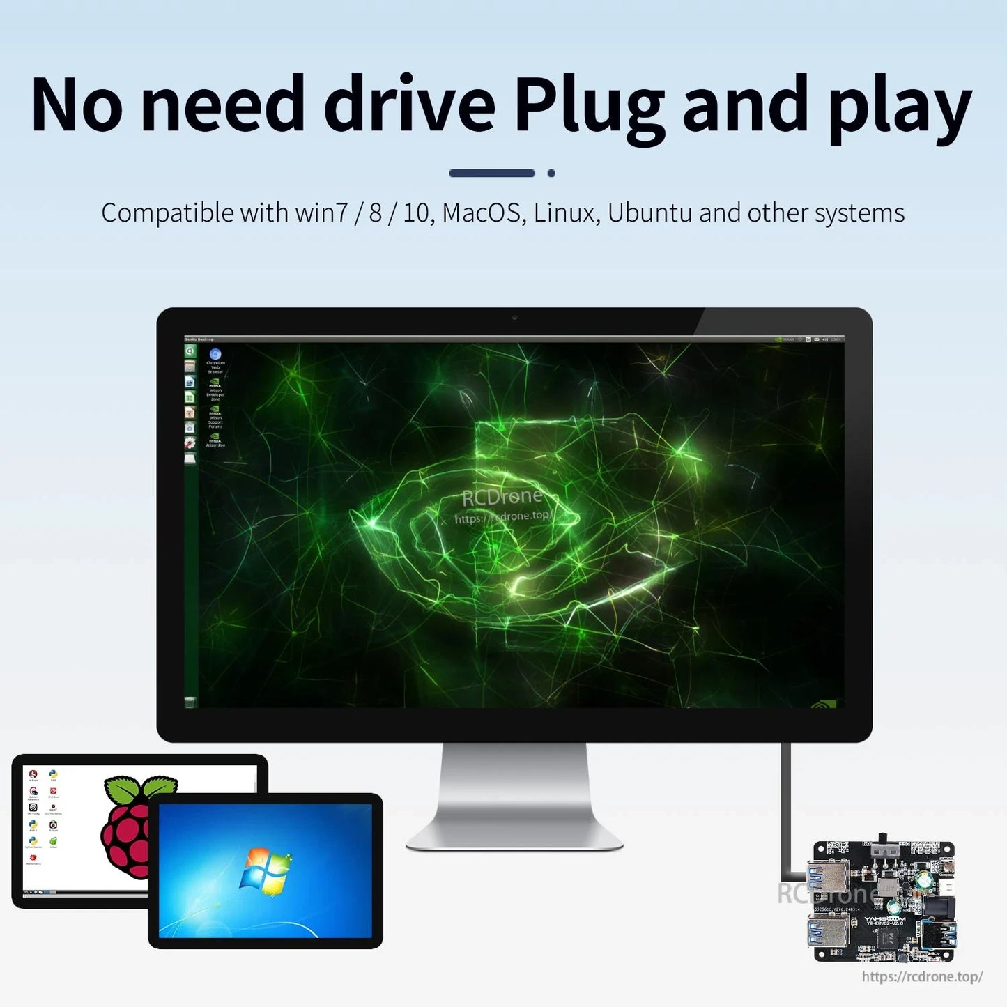 Plug-and-play driver-free compatibility graphic for Win7/8/10, MacOS, Linux and Ubuntu with hub board