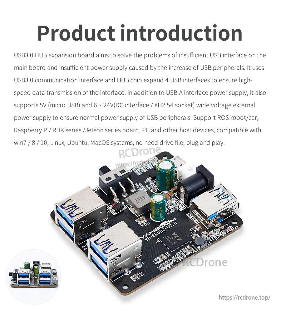 Product introduction graphic with USB 3.0 hub board and notes on wide-voltage input and OS compatibility