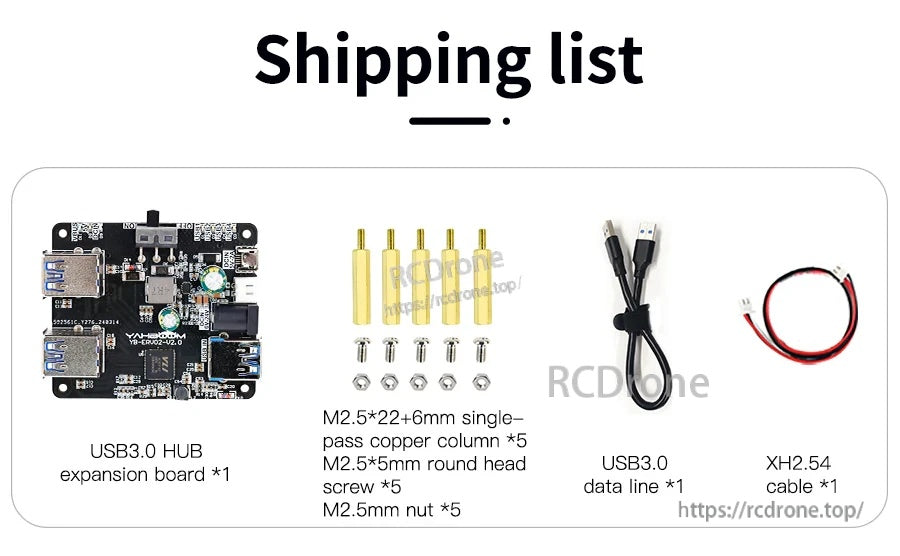 Package contents: USB 3.0 hub expansion board, standoffs and screws, USB 3.0 data cable, and XH2.54 cable