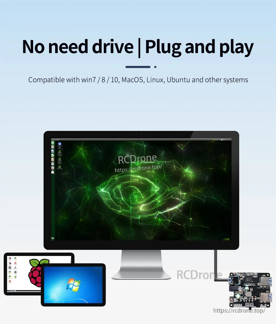 Plug-and-play compatibility graphic for Windows, Linux/Ubuntu, and macOS with hub board on desktop setup
