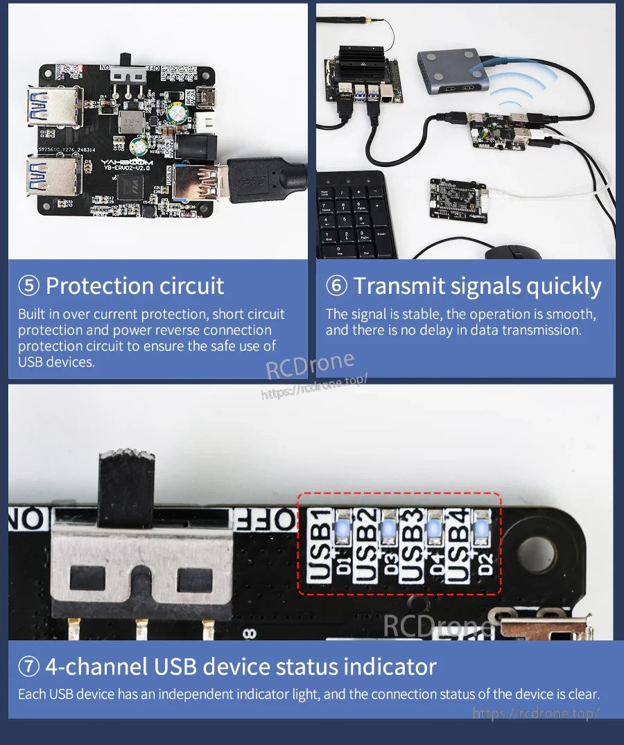 Protection circuit, fast signal transmission, and four USB status indicator LEDs labeled USB1–USB4