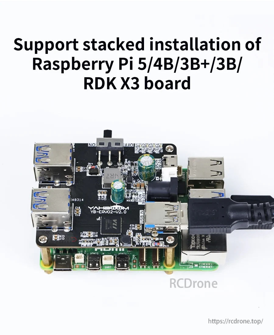 Stacked installation on Raspberry Pi with the hub board mounted above the host board and connected via USB cable