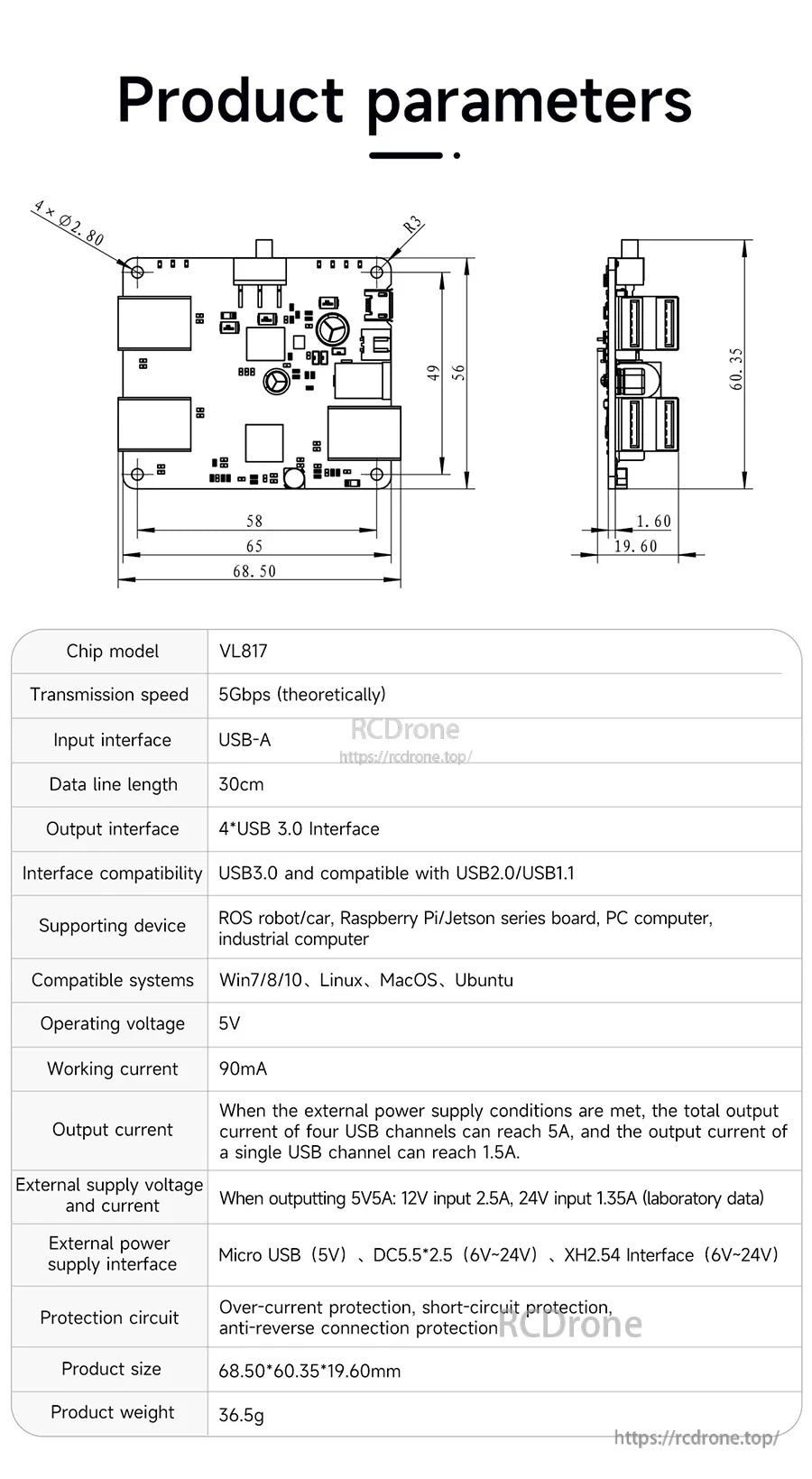 Product parameters table and dimension drawing listing VL817 chip, USB-A input, 30cm cable, and board size