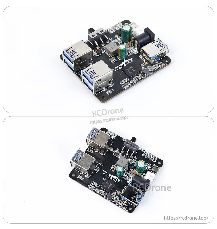 USB3.0 HUB expansion board front and angled views showing four USB 3.0 ports, DC jack, and onboard components