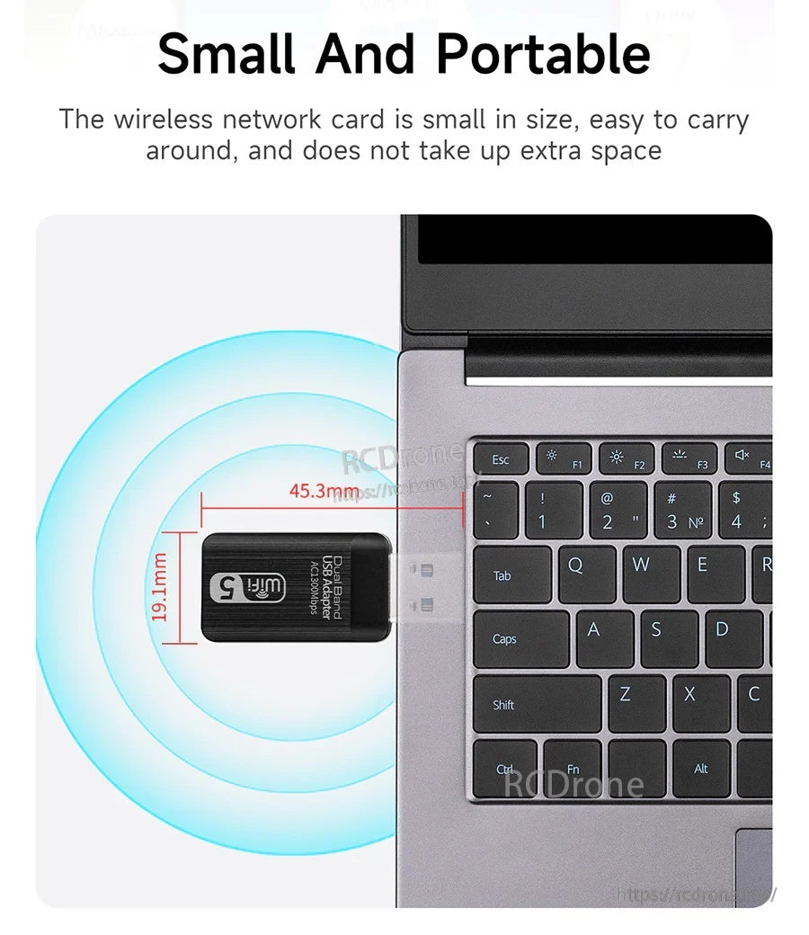 Mini USB WiFi dongle size comparison next to laptop, labeled 45.3 mm by 19.1 mm