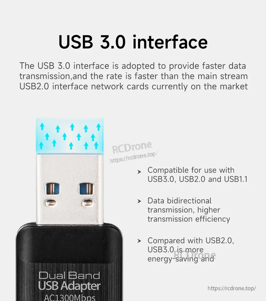 USB 3.0 interface close-up on the adapter, highlighting faster data transfer and USB 2.0/1.1 compatibility