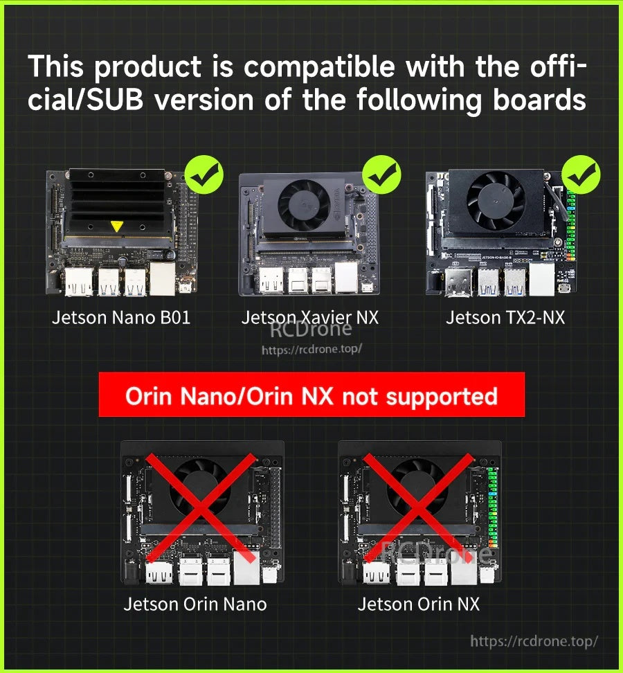 Jetson board compatibility chart: works with Nano B01, Xavier NX, TX2-NX; Orin Nano and Orin NX not supported