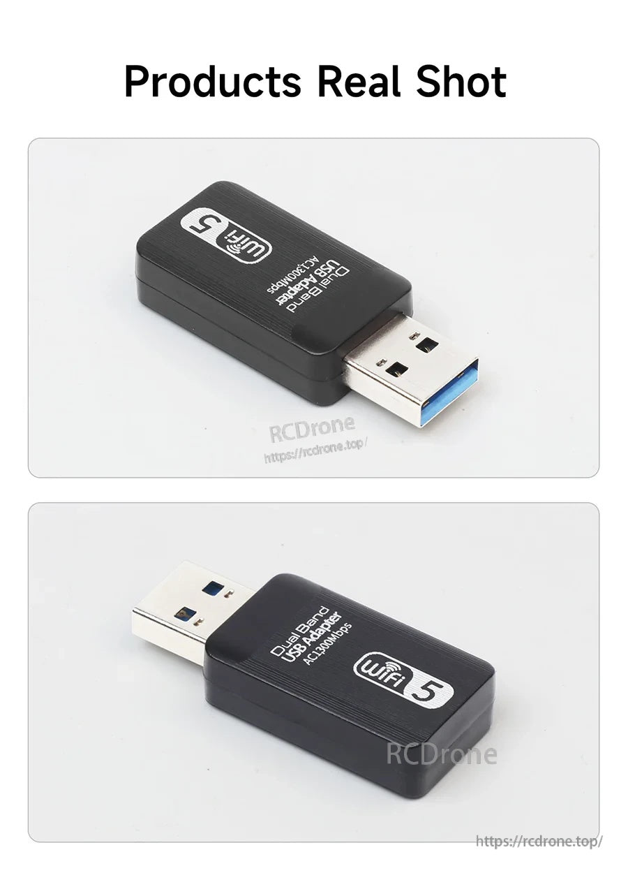 Real product photos of the compact USB WiFi adapter from two angles showing the USB 3.0 connector