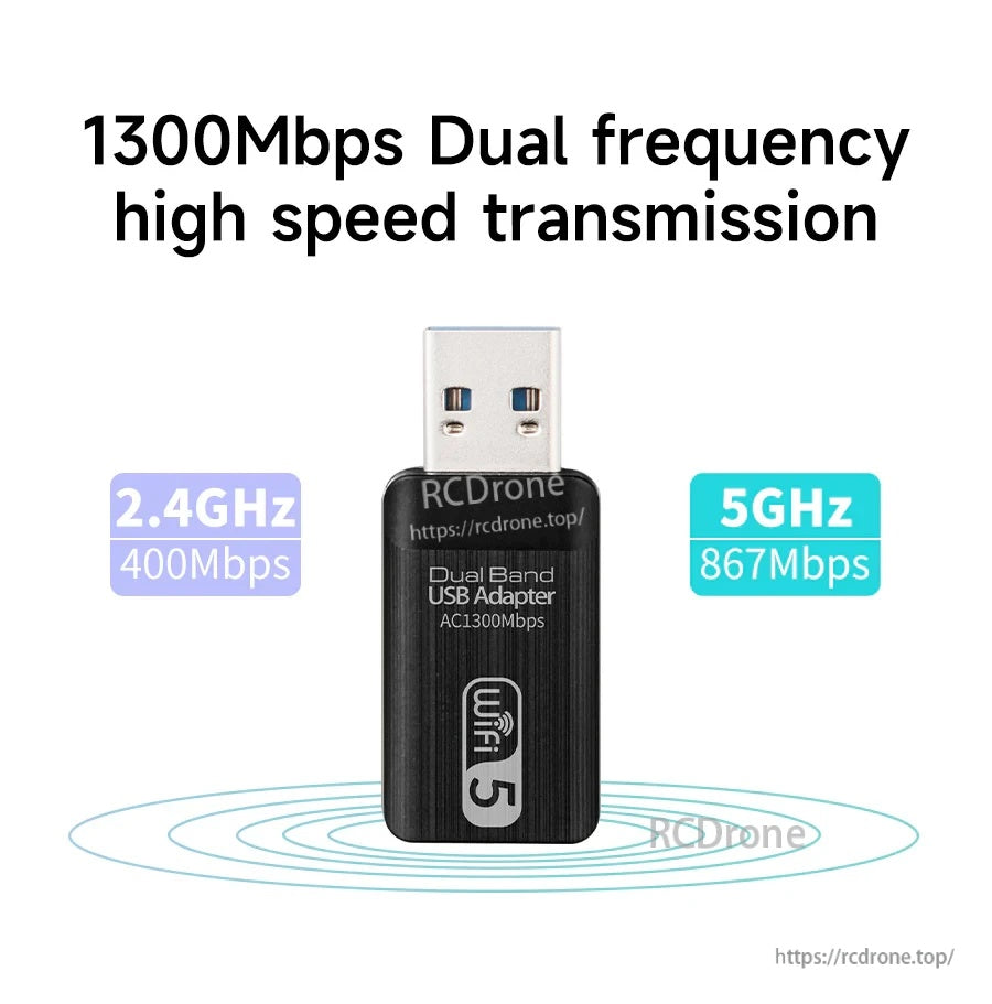 USB 3.0 WiFi 5 network adapter speed graphic: 2.4GHz up to 400Mbps and 5GHz up to 867Mbps