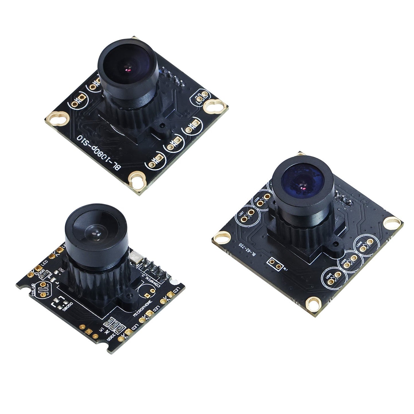 Yahboom USB Camera modules with lens on PCB, three angle views on white background
