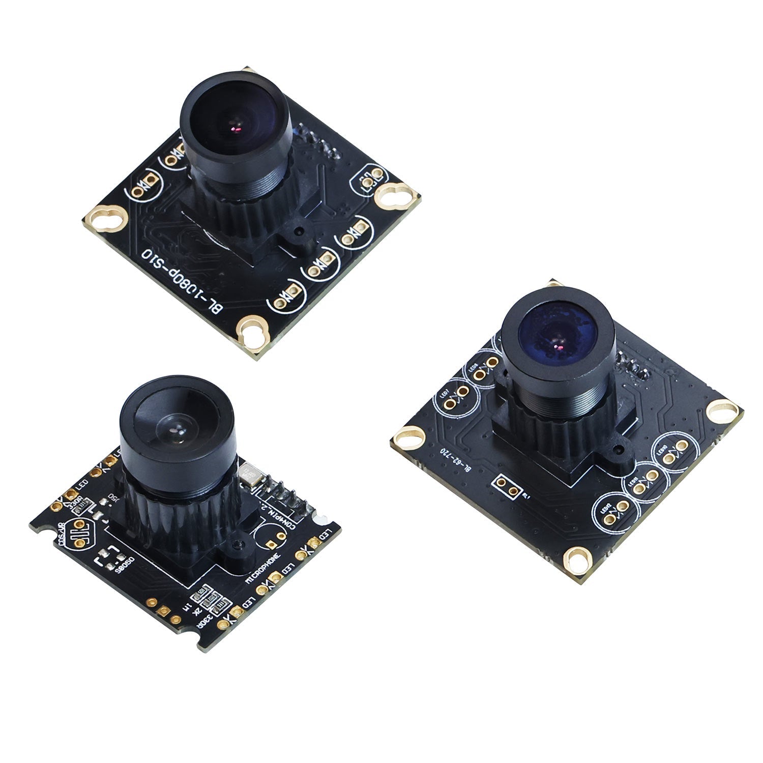 Yahboom USB Camera modules with lens on PCB, three angle views on white background