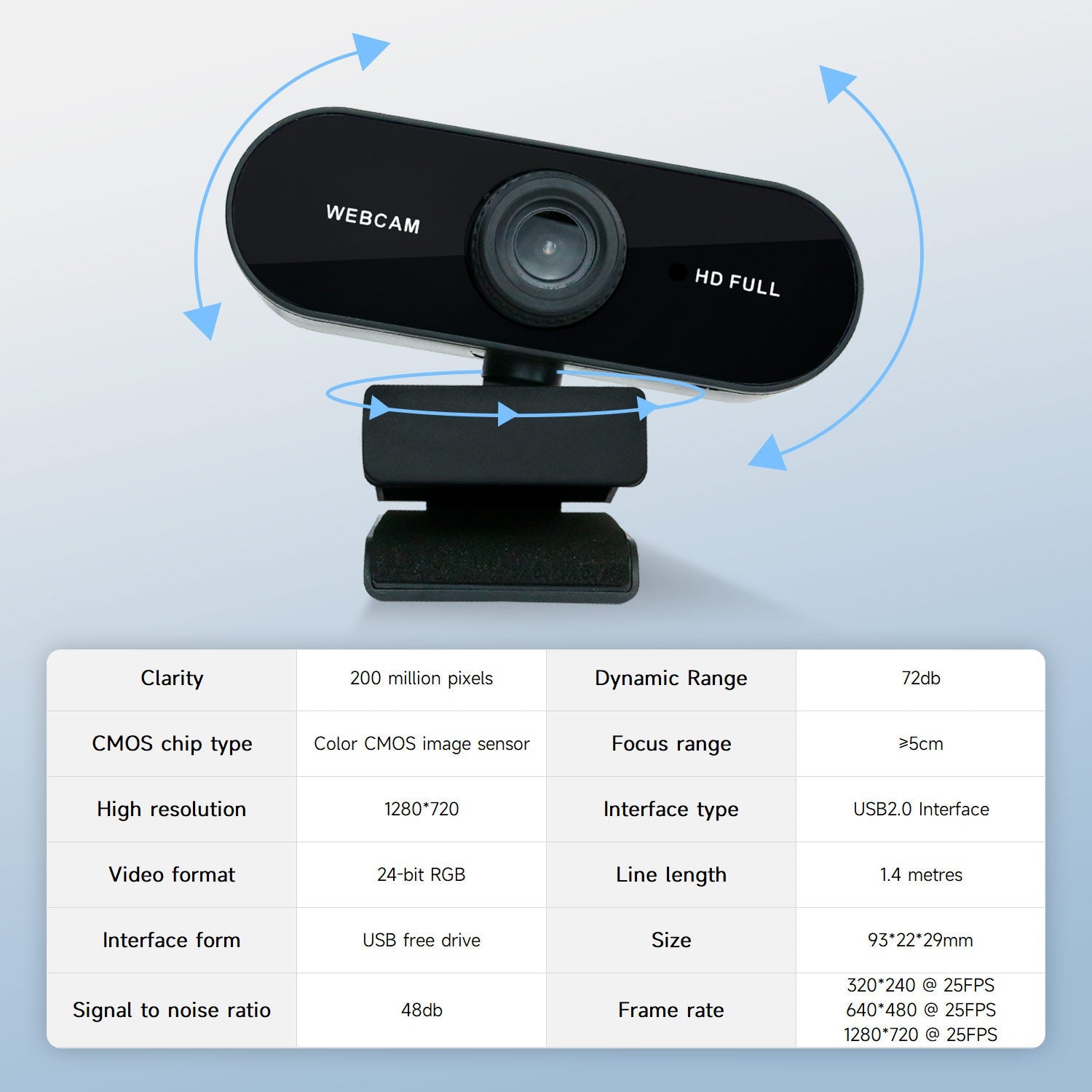 Webcam tilt and swivel mount diagram with spec table showing USB 2.0, 1280x720 at 25fps, 1.4 m cable