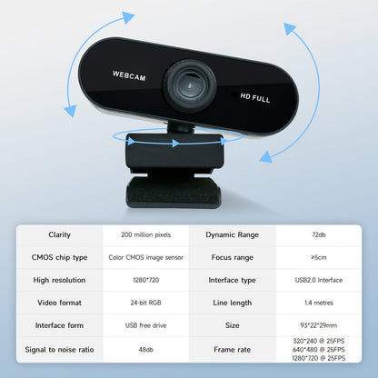 Webcam tilt and swivel mount diagram with spec table showing USB 2.0, 1280x720 at 25fps, 1.4 m cable