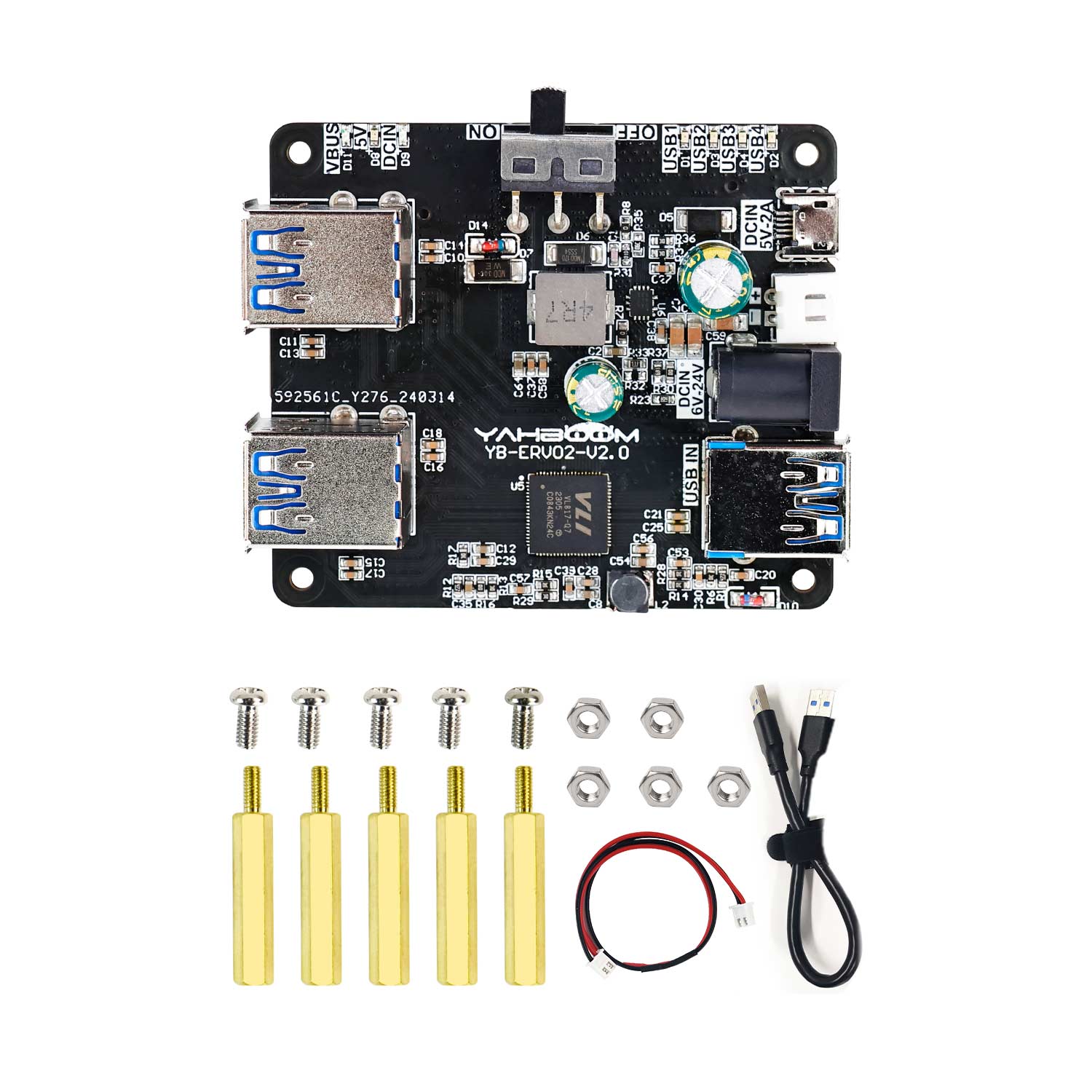 USB3.0 HUB expansion board kit with 4 USB-A ports, standoffs, screws, power lead and USB cable