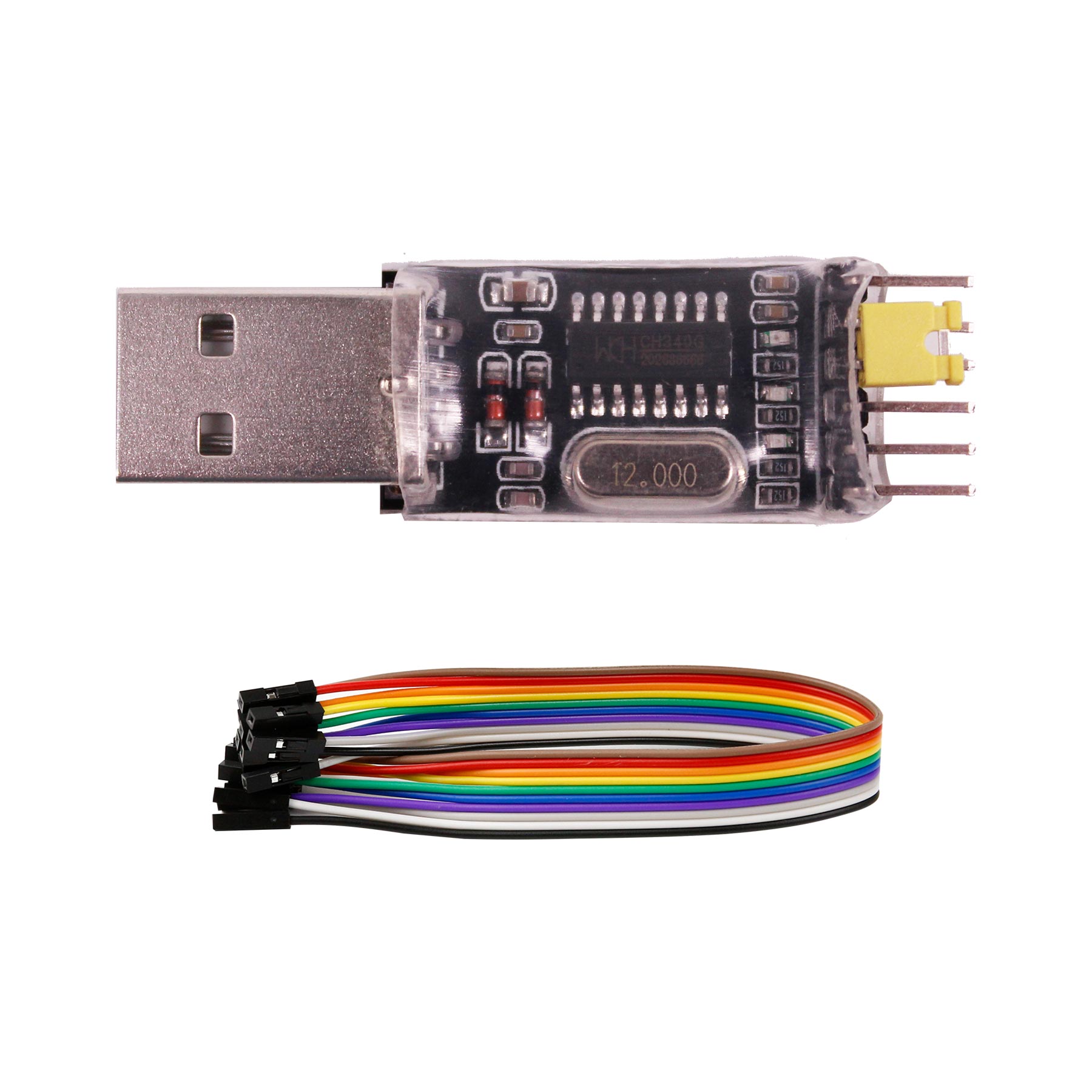Yahboom CH340G USB to TTL module with 4-pin header, 3.3V/5V jumper, and 4 DuPont wires