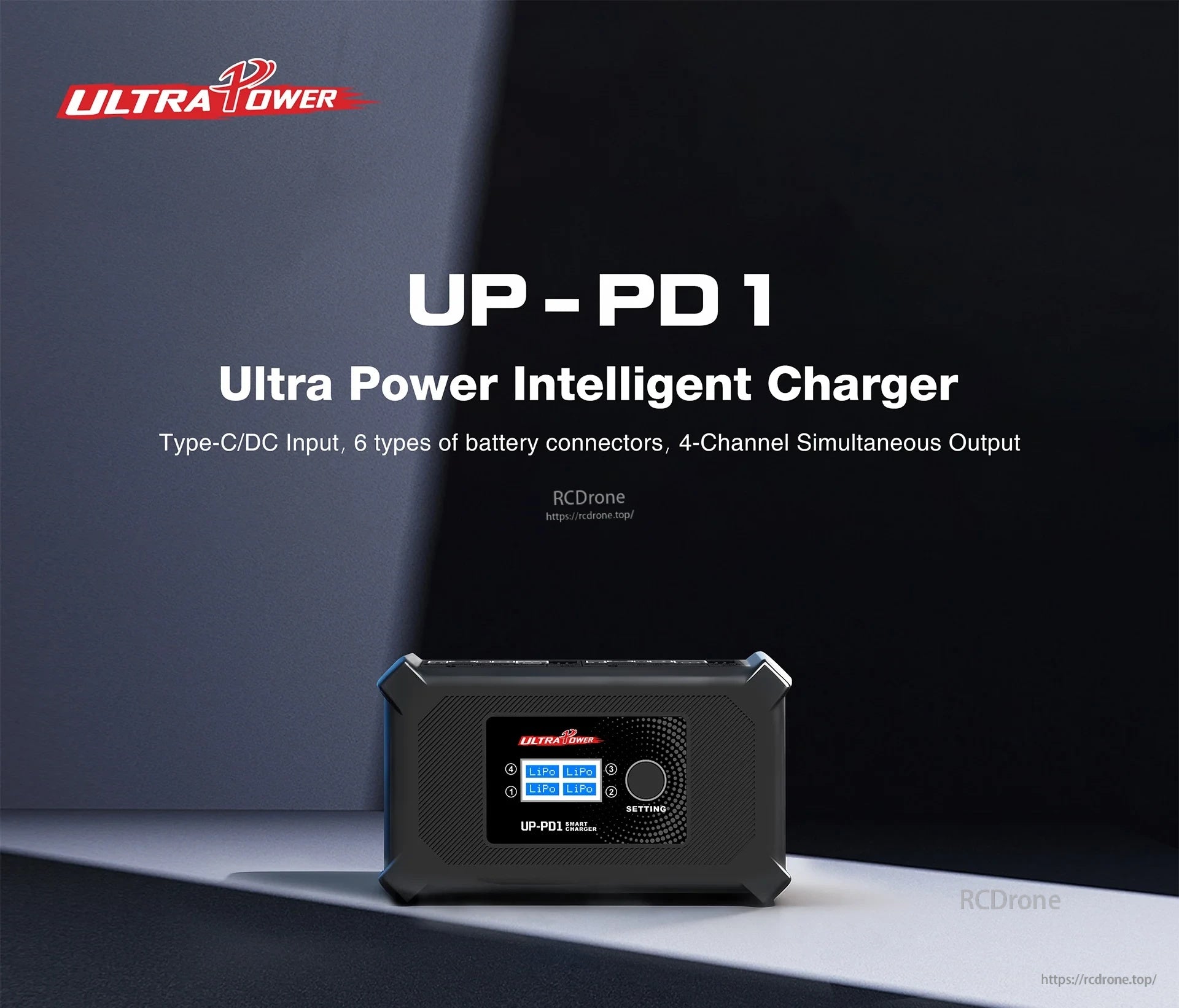 Ultra Power UP-PD1 4-channel DC smart charger with LCD, Type-C/DC input and 6-in-1 battery ports
