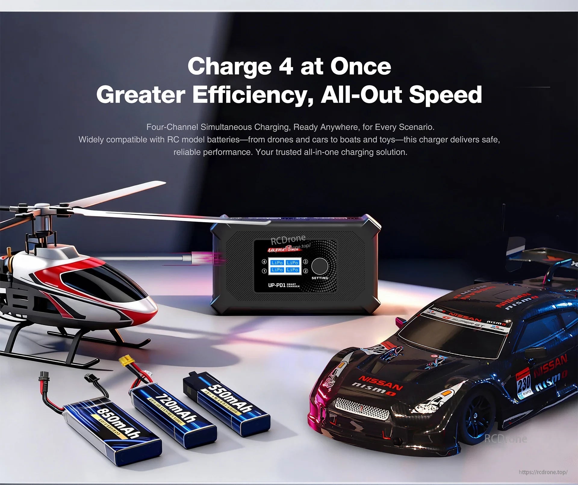 Four-channel simultaneous charging scene with RC helicopter, RC car and multiple 2S packs connected