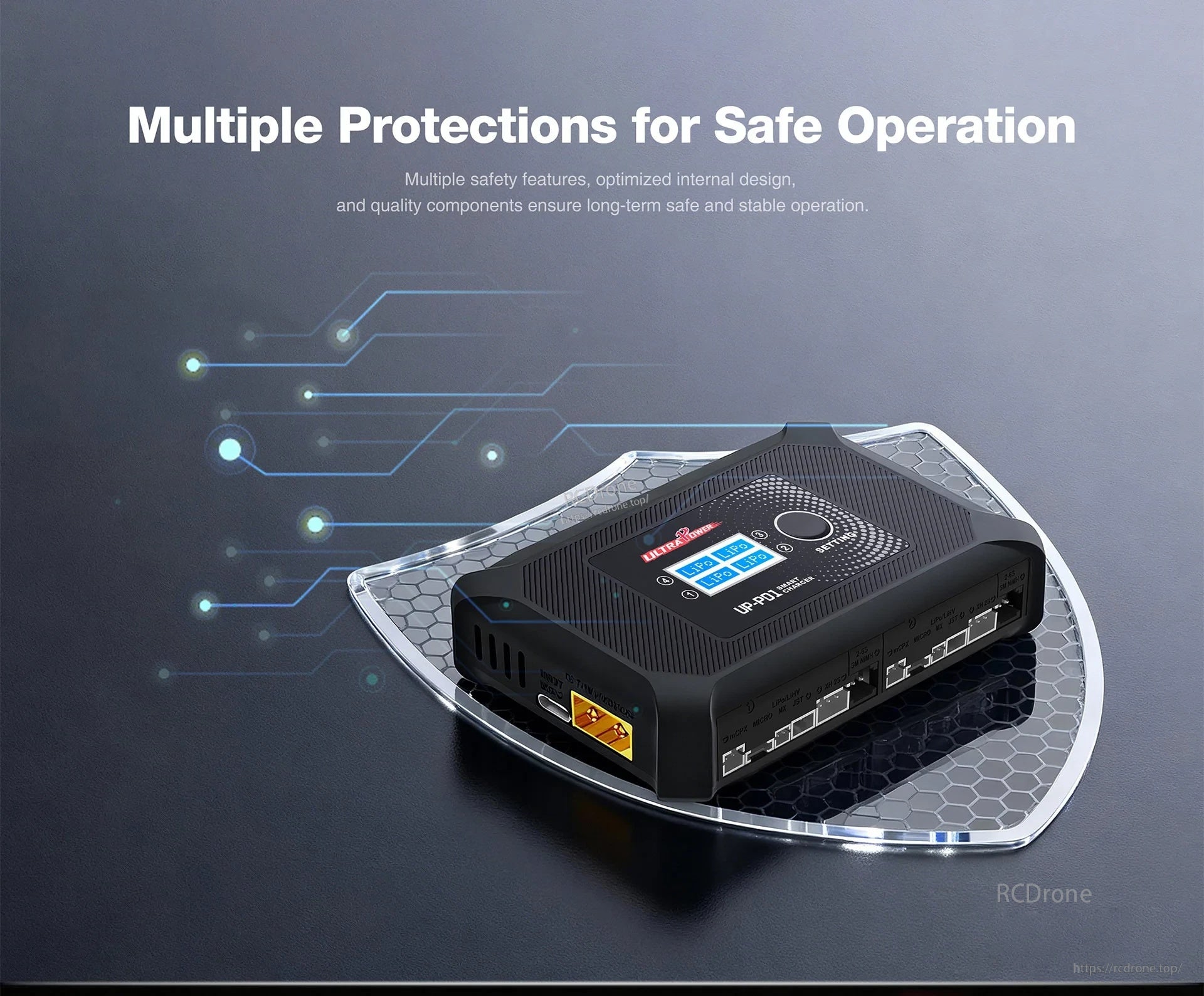 Safety protection concept image for UP-PD1 charger emphasizing multiple built-in protections
