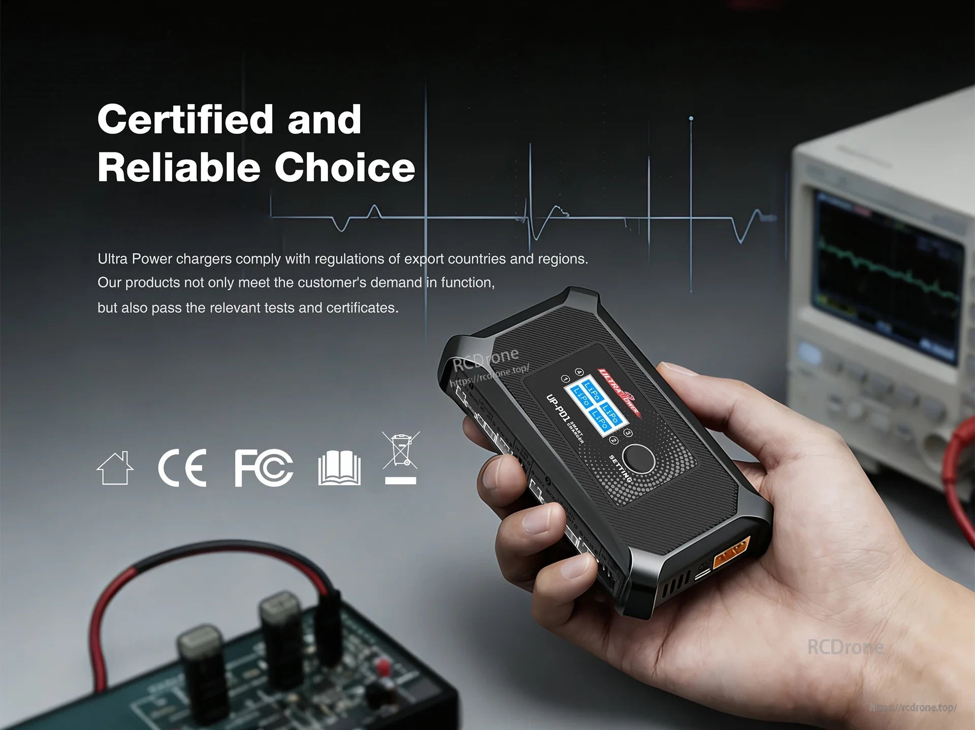 Ultra Power UP-PD1 reliability graphic with visible CE and FCC marks alongside lab test setting