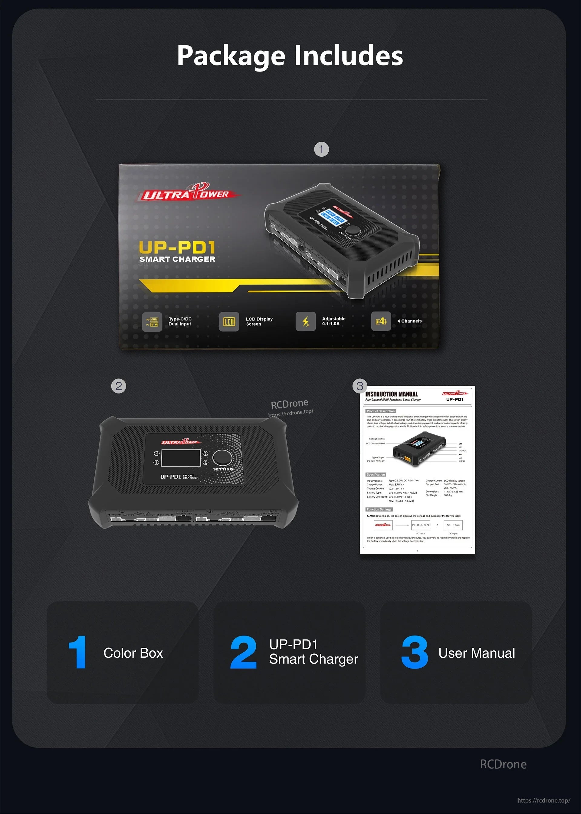 Package contents for Ultra Power UP-PD1: retail color box, UP-PD1 4-channel smart charger and user manual