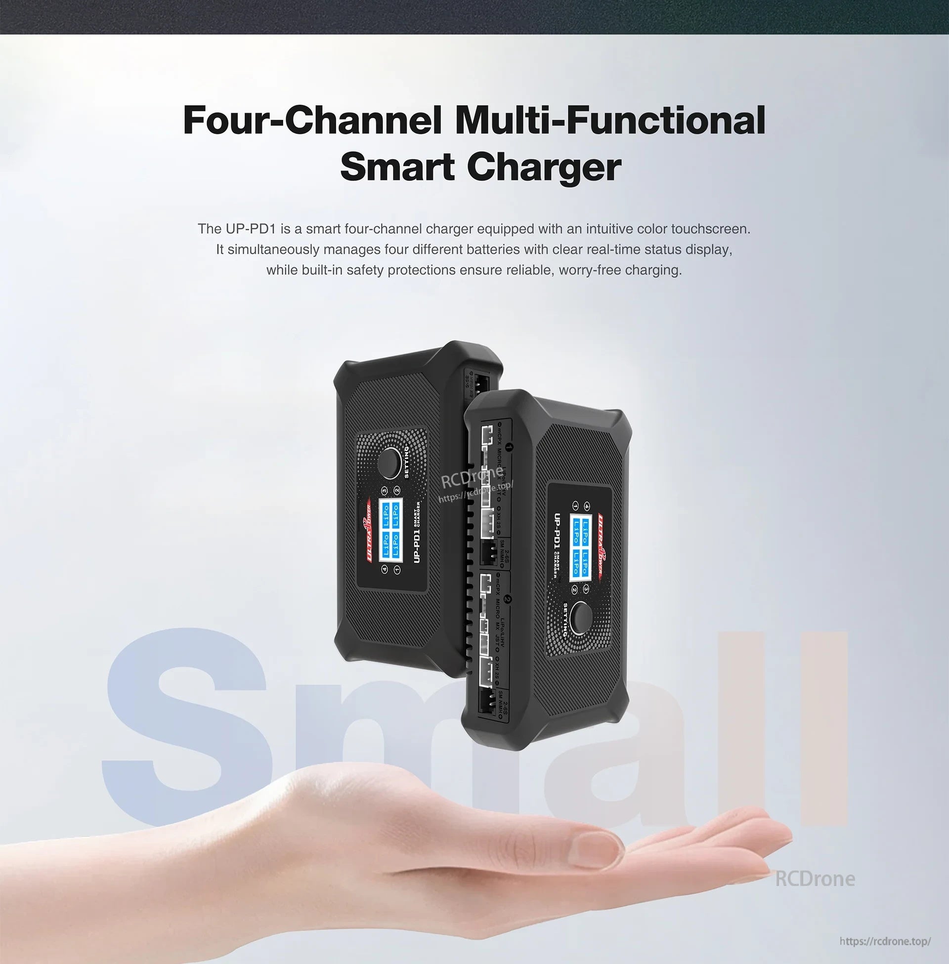 Ultra Power UP-PD1 compact four-channel charger size and portability highlight in hand-scale layout