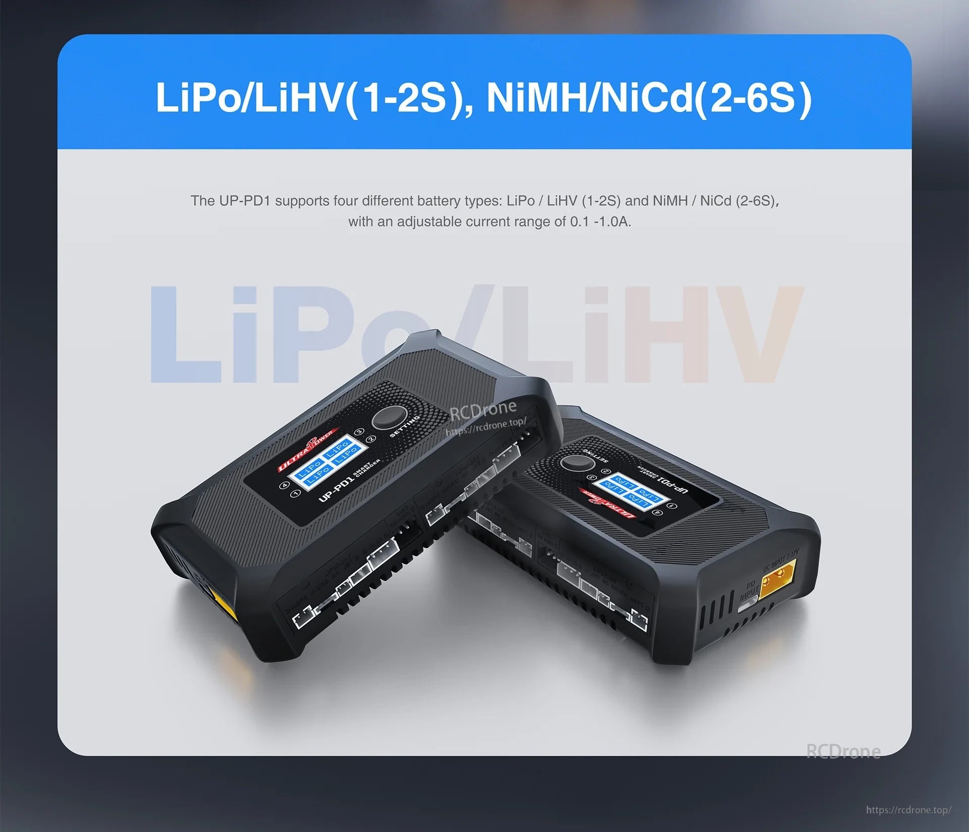 Battery chemistry support graphic for UP-PD1: LiPo/LiHV 1–2S and NiMH/NiCd 2–6S