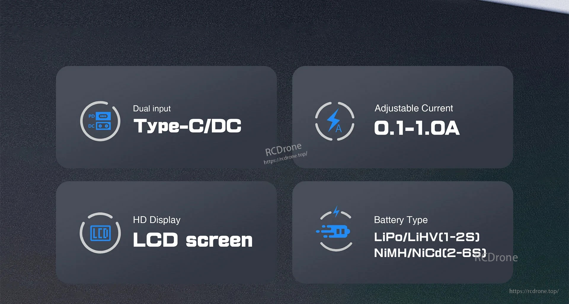 UP-PD1 key features: Type-C/DC dual input, 0.1–1.0A adjustable current, LCD display, LiPo/LiHV and NiMH/NiCd support