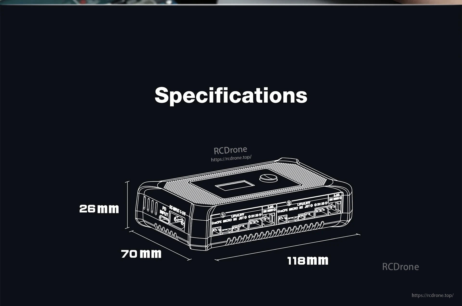 UP-PD1 smart charger dimensions diagram: 118 mm length, 70 mm width, 26 mm height