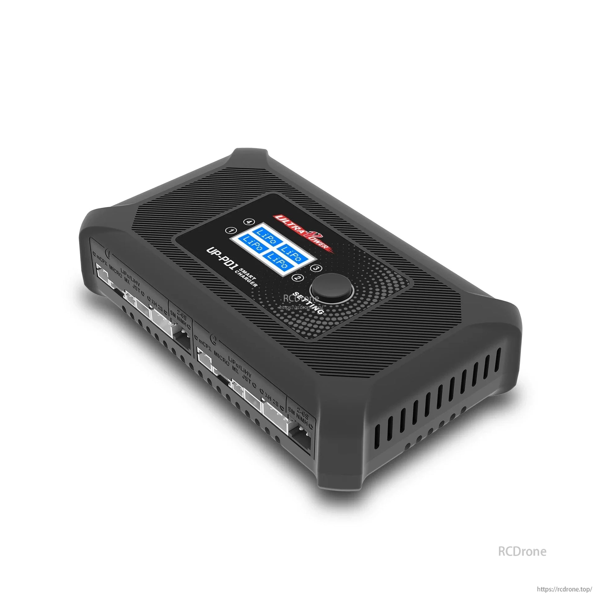 Angled top view of UP-PD1 charger showing LCD interface, control dial, and side ventilation slots