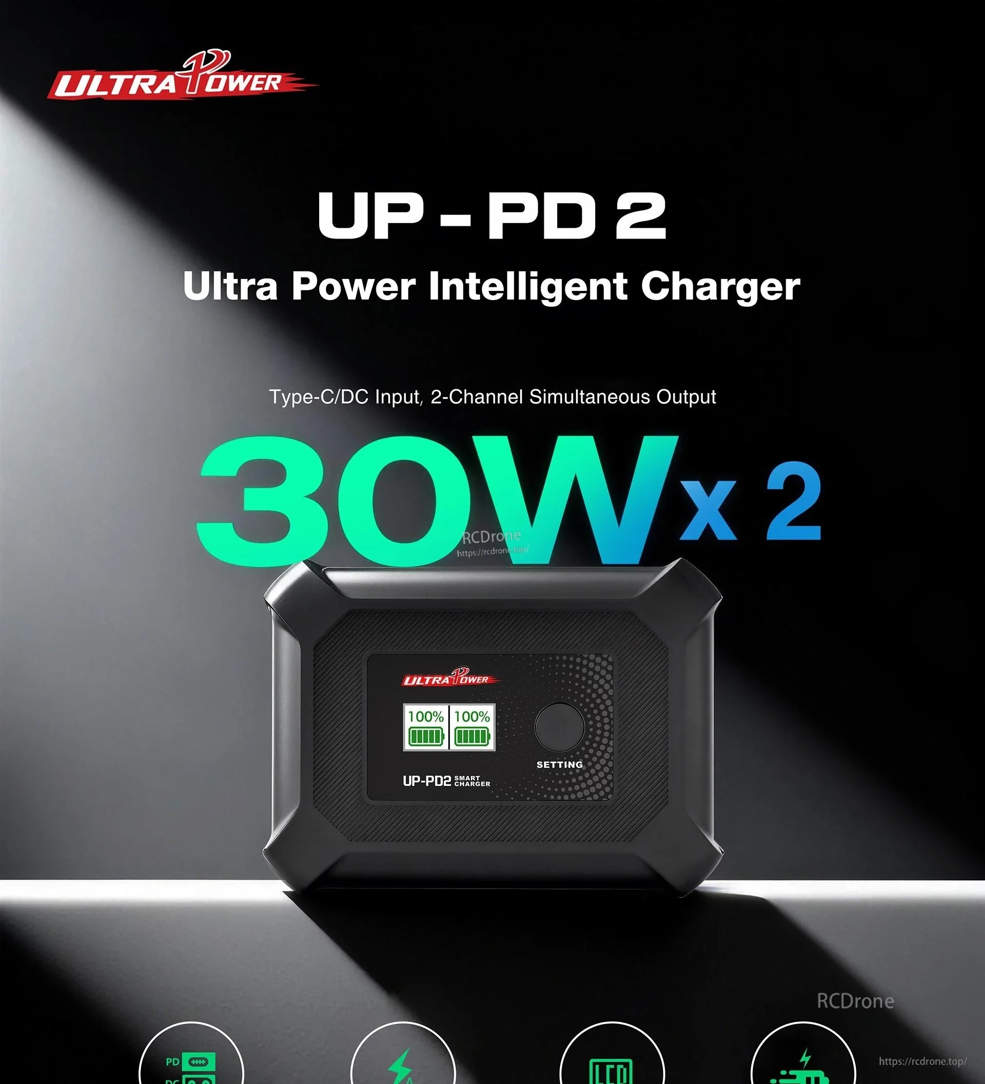 Ultra Power UP-PD2 dual-channel 1–4S LiPo/LiHV DC charger with Type‑C PD input, 30W x2
