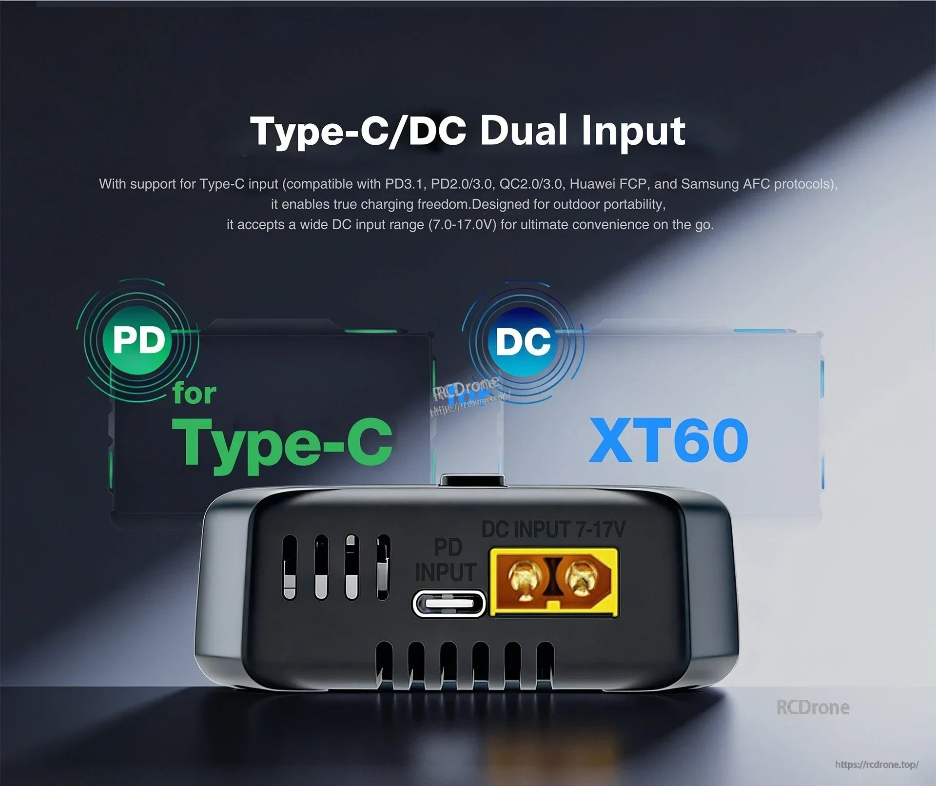 Side view showing UP-PD2 USB‑C PD input and XT60 DC input ports with ventilation slots